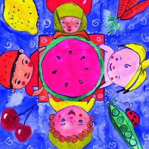 Children sitting around a table with fruits and vegetables, colorful illustration