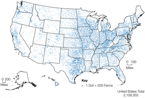 Map showing the location and number of farms in the United States, 2012