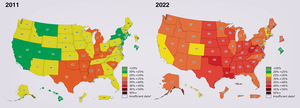 Increase in obesity rates in the US, 2011 vs 2022