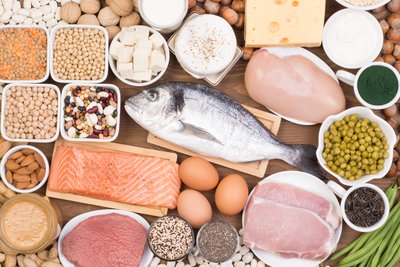 Various protein-rich foods including fish, eggs, meat, legumes, and dairy