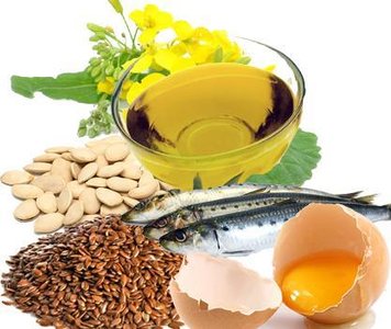 Sources of omega-3 and omega-6 fatty acids: fish, flaxseed, eggs, oil