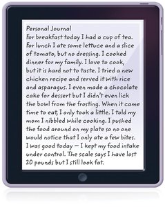 Personal journal entry reflecting anorexic behavior and body image distortion