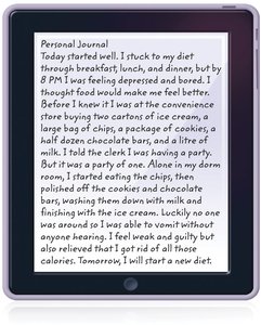 Personal journal entry reflecting bulimic behavior and compensatory actions
