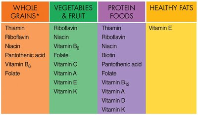 Table of vitamin content in food groups