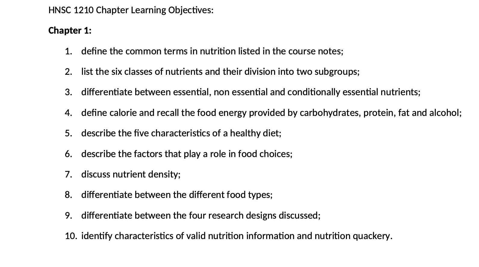 HNSC 1210 Chapter Learning Objectives screenshot