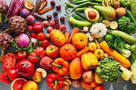 Variety of fruits and vegetables rich in carbohydrates