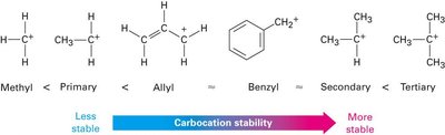 Carbocation stability: methyl, primary, allyl, benzyl, secondary, tertiary