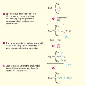 SN1 reaction mechanism: carbocation formation and nucleophilic attack