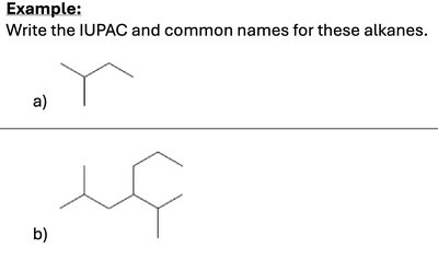 Write IUPAC and common names for alkanes