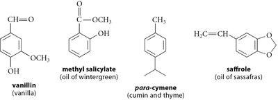 Examples of aromatic compounds: vanillin, methyl salicylate, para-cymene, safrole