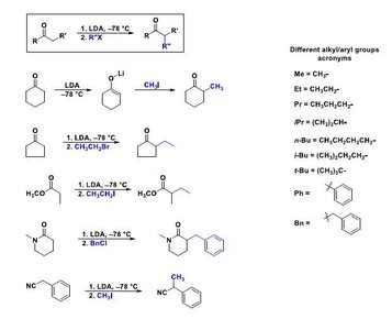 LDA mediated alkylation of carbonyl compounds