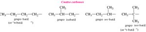 Ejemplos de grupos alquilo de cuatro carbonos