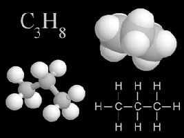 Ejemplo de representaciones molecular, estructural y espacial de propano