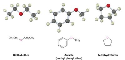 Molecular models and structures of diethyl ether, anisole, and tetrahydrofuran