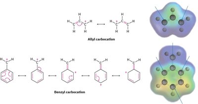 Resonance stabilization of allylic and benzylic carbocations
