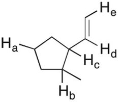 Cyclopentene structure with labeled hydrogens Ha, Hb, Hc, Hd, He