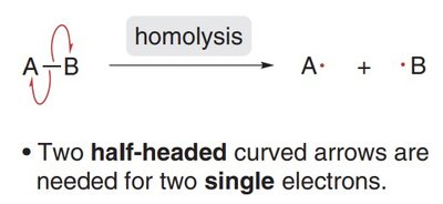 Homolysis mechanism with half-headed arrows