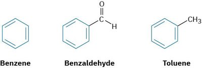 Structures of benzene, benzaldehyde, and toluene