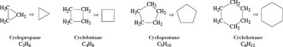 Cycloalkane structures: cyclopropane, cyclobutane, cyclopentane, cyclohexane
