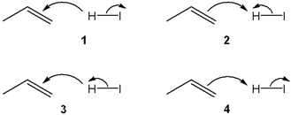 Curved arrow mechanisms for protonation of propene with HI