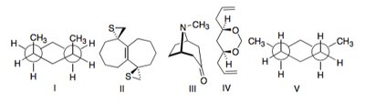 Structures of five organic compounds labeled I-V