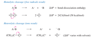 Homolytic and heterolytic cleavage examples