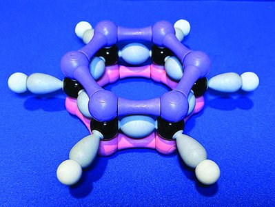 Molymod benzene model showing planar geometry and delocalized π electrons