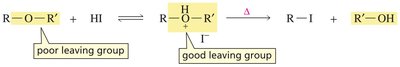 Protonation activates ether for substitution
