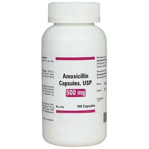 Bottle of amoxicillin capsules
