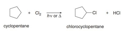 Radical halogenation of cyclopentane with Cl2