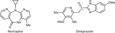 Structures of Nevirapine and Omeprazole, illustrating chirality and heterocyclic frameworks.