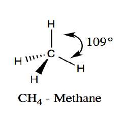 Methane (CH4) tetrahedral geometry, 109.5 degree bond angle
