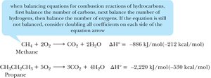 Combustion equations for methane and propane