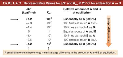 Table of ΔG0, Keq, and relative amounts at equilibrium