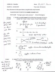 Organic chemistry exam page with nomenclature and stereochemistry questions