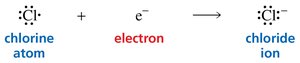 Chlorine gains an electron to form chloride ion