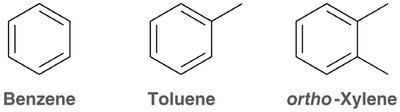 Structures of benzene, toluene, and ortho-xylene