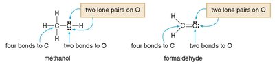 Methanol and formaldehyde showing lone pairs on oxygen