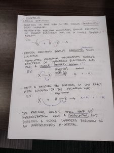 Handwritten notes showing radical formation and reaction mechanisms