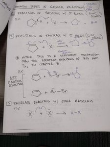 Handwritten notes showing common types of radical reactions