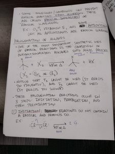Handwritten notes showing radical inhibitors and halogenation of alkanes
