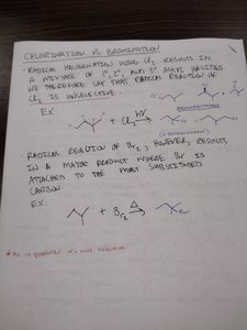 Handwritten notes showing chlorination vs bromination