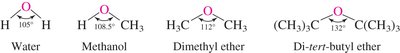 Bond angles in water, methanol, dimethyl ether, and di-tert-butyl ether