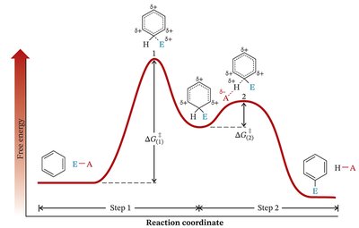 Reaction coordinate diagram for aromatic electrophilic substitution