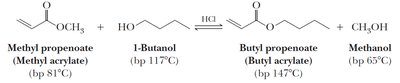 Transesterification of methyl propenoate with 1-butanol