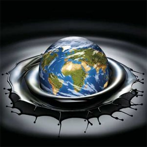 Earth surrounded by oil, symbolizing organic molecules in fuels
