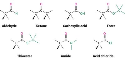 Aldehyde, ketone, carboxylic acid, ester, thioester, amide, acid chloride structures