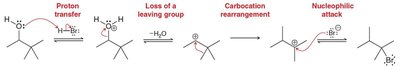 Multistep reaction mechanism showing proton transfer, loss of leaving group, carbocation rearrangement, and nucleophilic attack