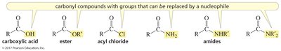 carbonyl compounds with groups that can be replaced by a nucleophile