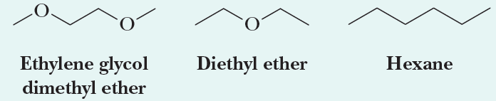 Structures of ethylene glycol dimethyl ether, diethyl ether, and hexane